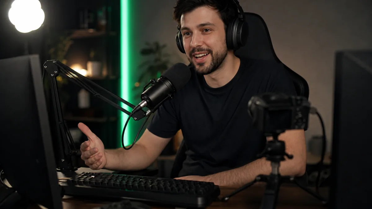 A streamer at a home desk with a microphone, camera and key light, talking to chat