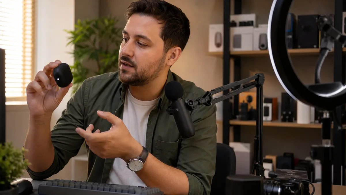 Tech reviewer at a home studio desk with the gear they recommend