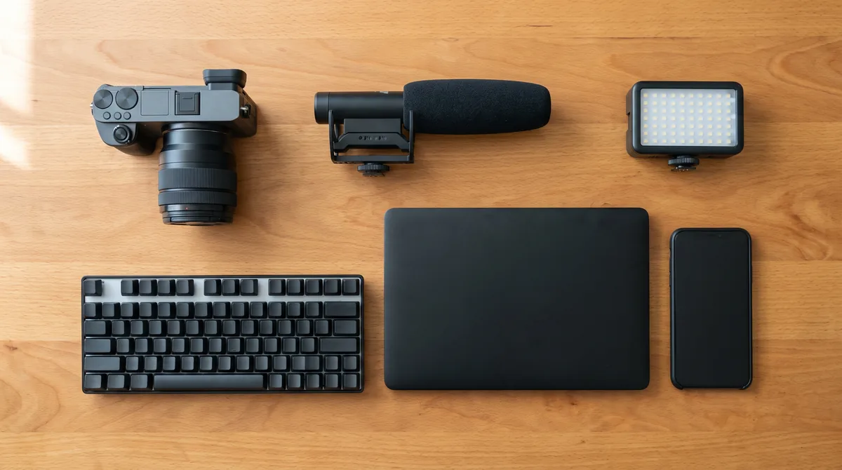 A tech creator's camera, microphone, light and laptop laid out as a gear list