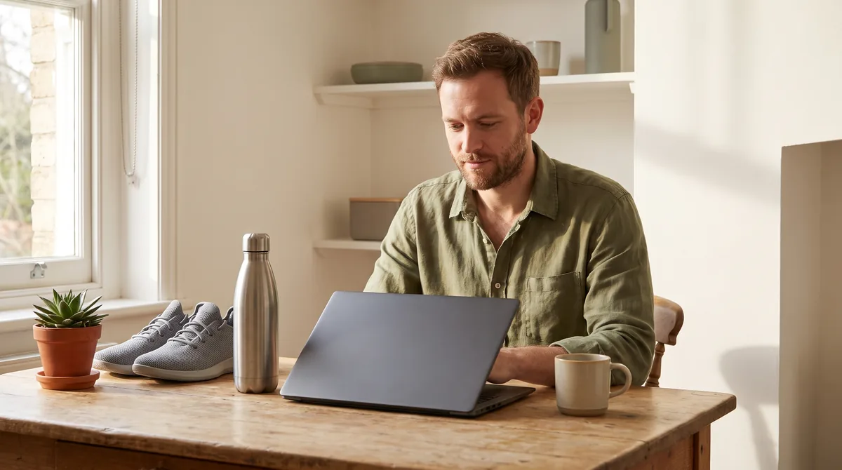 A creator at a kitchen table with a laptop and a few recommended products, rebuilding a page of picks