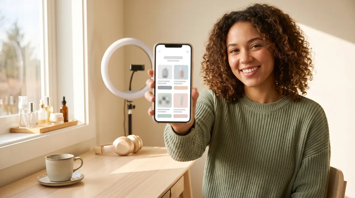 A creator holding a phone showing a product link page, with a ring light and product samples on the desk behind