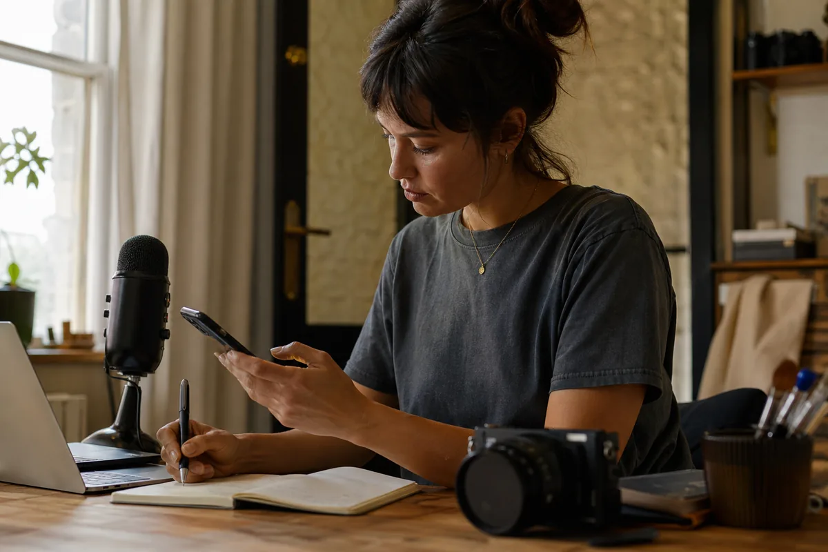 A tech reviewer at her desk comparing her phone with notes, next to a laptop, camera and microphone