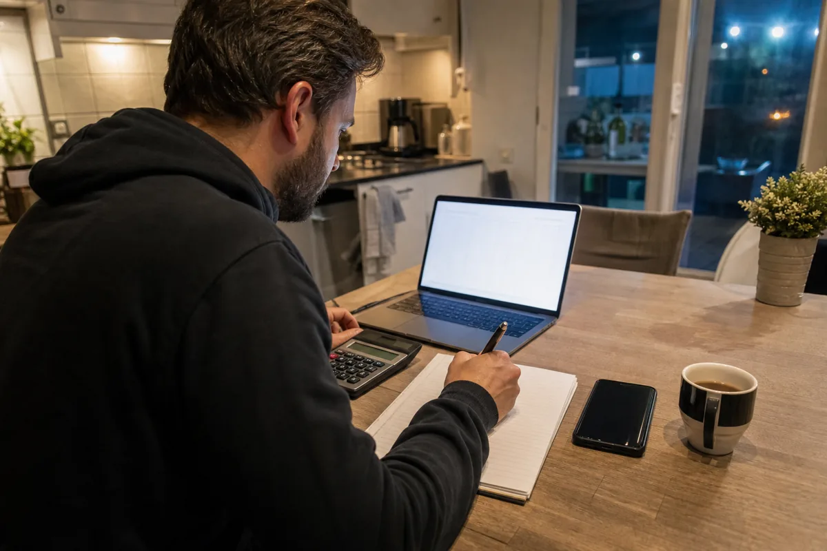 A creator at a kitchen table working out monthly costs with a laptop, calculator and phone